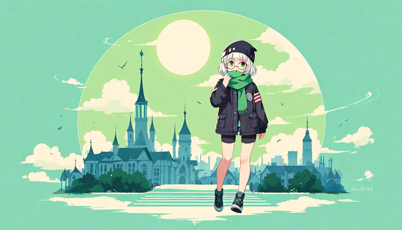 (extremely detailed CG unity 8k wallpaper), (best quality), (best illustration), (best shadow), realistic lighting, beautiful detailed reglow, masterpiece, best quality, lofi artstyle, lofi art, city, town, 80s anime style, Retro, Lo-Fi, 1girl, 1girl, bangs, beanie, black headwear, blush, covered mouth, glasses, green background, green eyes, green scarf, green theme, hat, jacket, looking at viewer, round eyewear, scarf, simple background, solo, white hair, medium shot, full body shot, Using Headphone, headphone