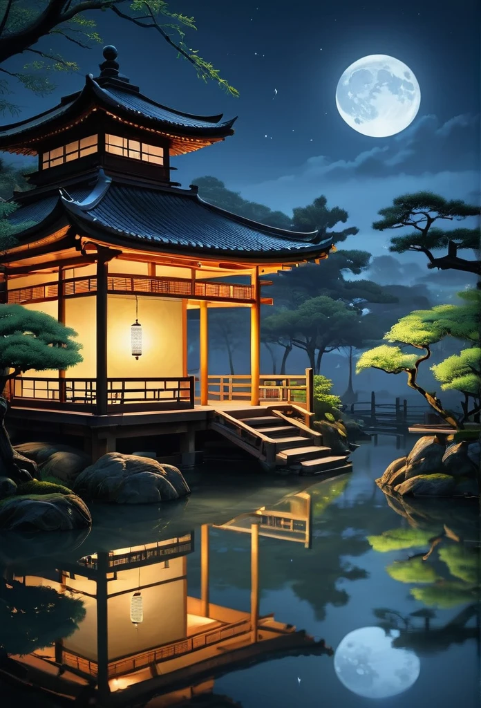 best quality,ultra-detailed,realistic,night scene,shinobi,peaceful,moonlight,calm,serene,nature,beautiful landscape,traditional Japanese garden with water feature,willow trees,reflections on the water,lush greenery,silent and tranquil atmosphere,ninja,stealth,hidden movements,dark shadows,crescent moon,shuriken,traditional Japanese architecture,wooden pavilion,stone lanterns,foggy atmosphere,hushed footsteps,peaceful moonlit night,vivid colors,soft and cool color tones,mysterious ambiance,ethereal beauty,subtle lighting effects,sublime artistry.