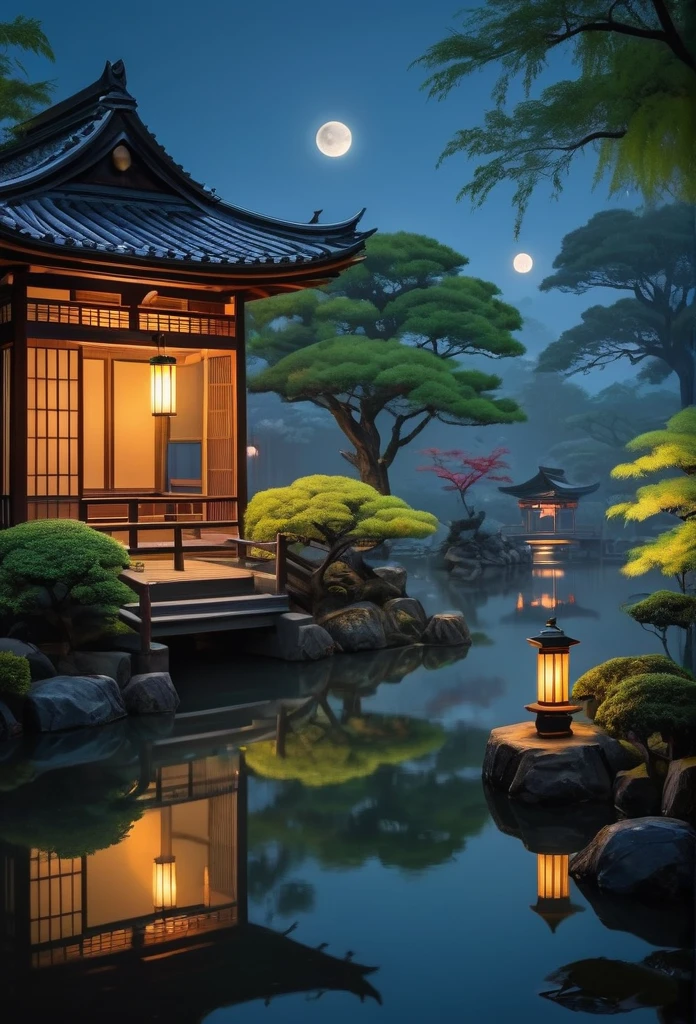 best quality,ultra-detailed,realistic,night scene,shinobi,peaceful,moonlight,calm,serene,nature,beautiful landscape,traditional Japanese garden with water feature,willow trees,reflections on the water,lush greenery,silent and tranquil atmosphere,ninja,stealth,hidden movements,dark shadows,crescent moon,shuriken,traditional Japanese architecture,wooden pavilion,stone lanterns,foggy atmosphere,hushed footsteps,peaceful moonlit night,vivid colors,soft and cool color tones,mysterious ambiance,ethereal beauty,subtle lighting effects,sublime artistry.