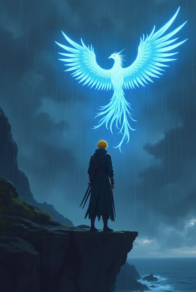 Imagine Anime badass guy. Yellow hairs. Eyes covered with a black cloth. Showing his back standing on a cliff with loneliness. Dark black rainy clouds. Long slim muscular body. Twin daggers on back. Looking at blue flame phoenix in the sky