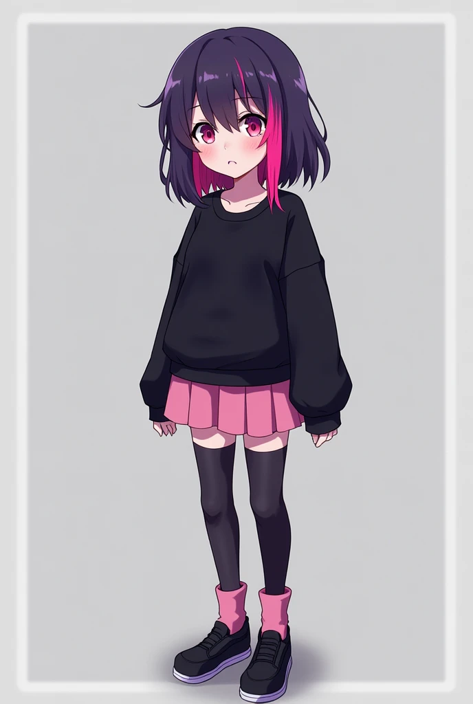 anime girl with dark purple hair and two pink streaks on her bangs, wearing a black sweatshirt, a short pink skirt and black leggings, pink socks and black shoes
