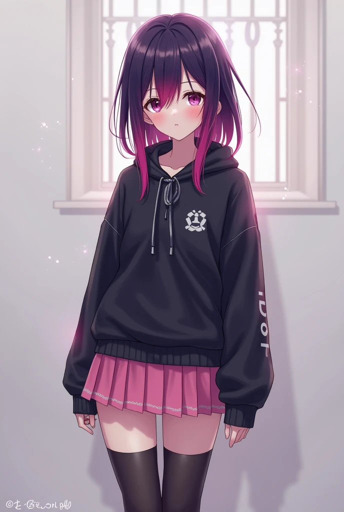 anime girl with dark purple hair and two pink streaks on her bangs, wearing a black sweatshirt, a short pink skirt and black leggings, pink socks and black shoes