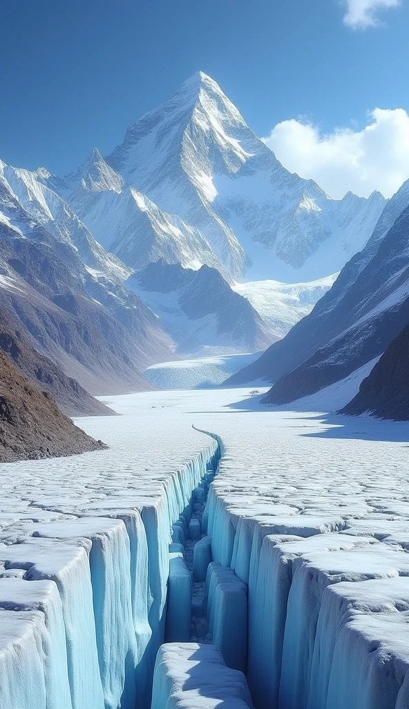 A wide-angle shot of Mount Everest from the Everest Base Camp, capturing the vast expanse of the Khumbu Glacier in the foreground. The towering peaks of the Himalayas rise majestically against a clear blue sky, with Everest dominating the background. The rugged terrain and deep valleys are spread out across the frame, showcasing the enormity of the landscape.