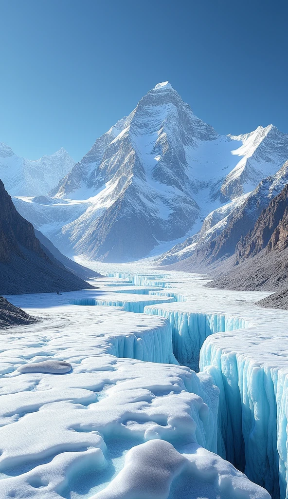 A wide-angle shot of Mount Everest from the Everest Base Camp, capturing the vast expanse of the Khumbu Glacier in the foreground. The towering peaks of the Himalayas rise majestically against a clear blue sky, with Everest dominating the background. The rugged terrain and deep valleys are spread out across the frame, showcasing the enormity of the landscape.