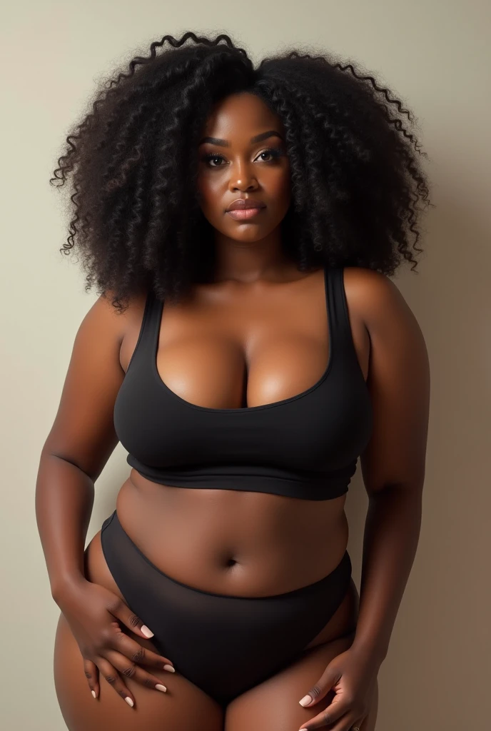 a black Brazilian woman with curly hair, a little chubby and short, with big breasts and a big ass