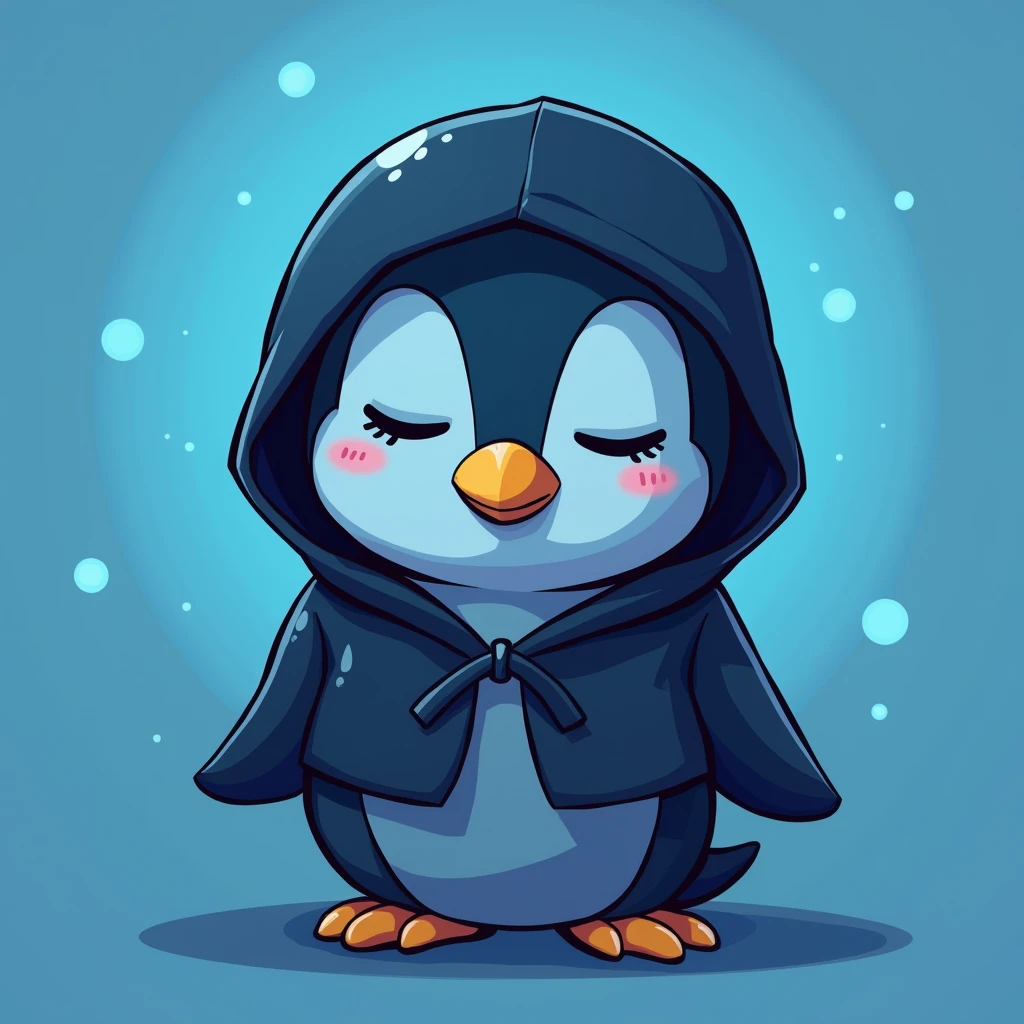 Resistance penguin coin , black hoodie , blue penguin , blue background , cute , eyes closed , mysterious , head bowed , only head 