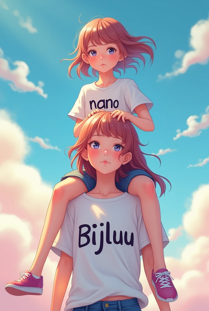 generate an image in which girl name nano written on t shirt sitting on head of girl name bijluu written on t shirt