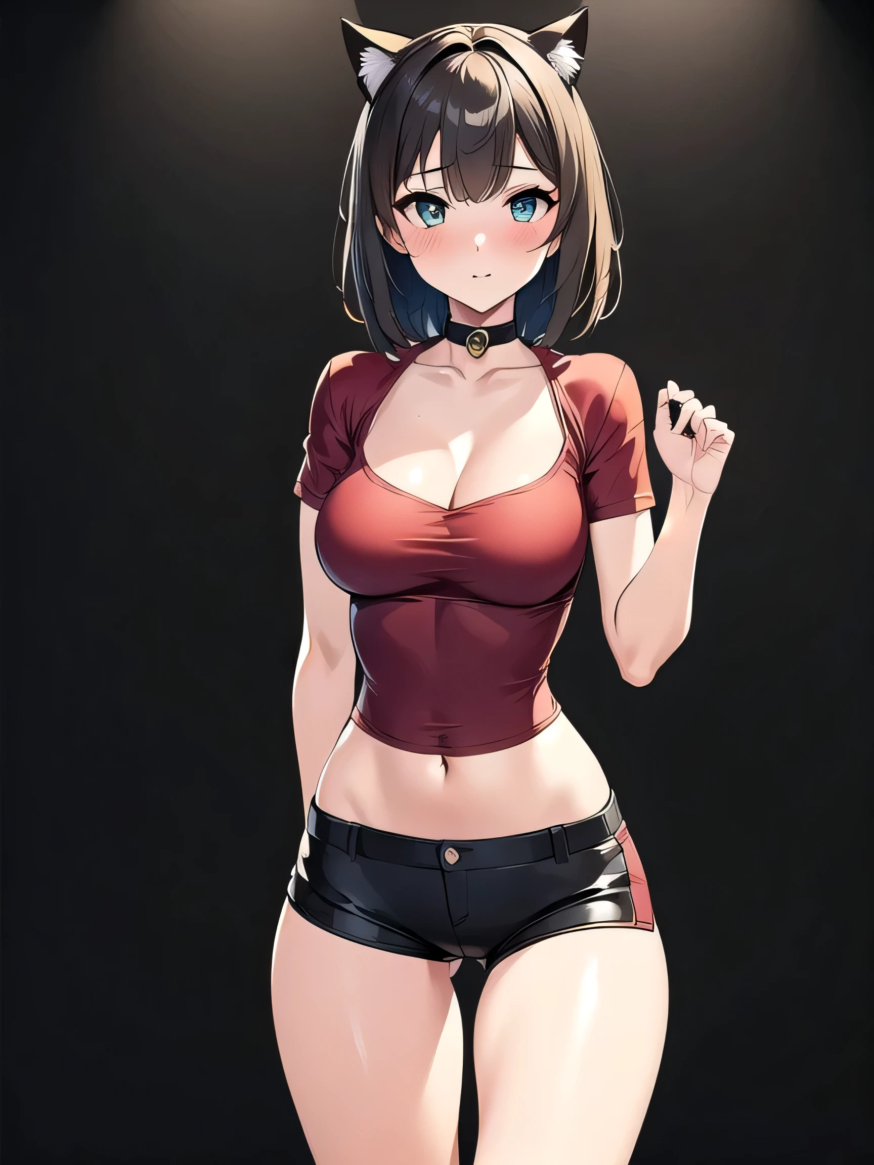 all intricate details, woman, kitten pose, cat ears, short hair, perfect hands, perfect fingers, perfect body, sensual cleavage, medium breasts, red shirt, wearing tight black shorts, sexy shorts, vinyl shorts, Ultra HD, image 4k, best image quality, (fidelity: 1.4), photoreal, light green eyes, eyelashes, beautiful pupil, shadows, slight blush, delicate facial features, reasonable facial features, exposed waist, natural sexy pose, random front a