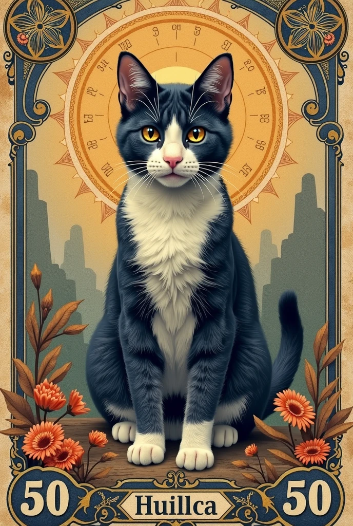 CREATE A MONEY BILL OF THE DENOMINATION OF 50 WITH A CAT IN THE CENTER AND THAT SAYS HUILLCA