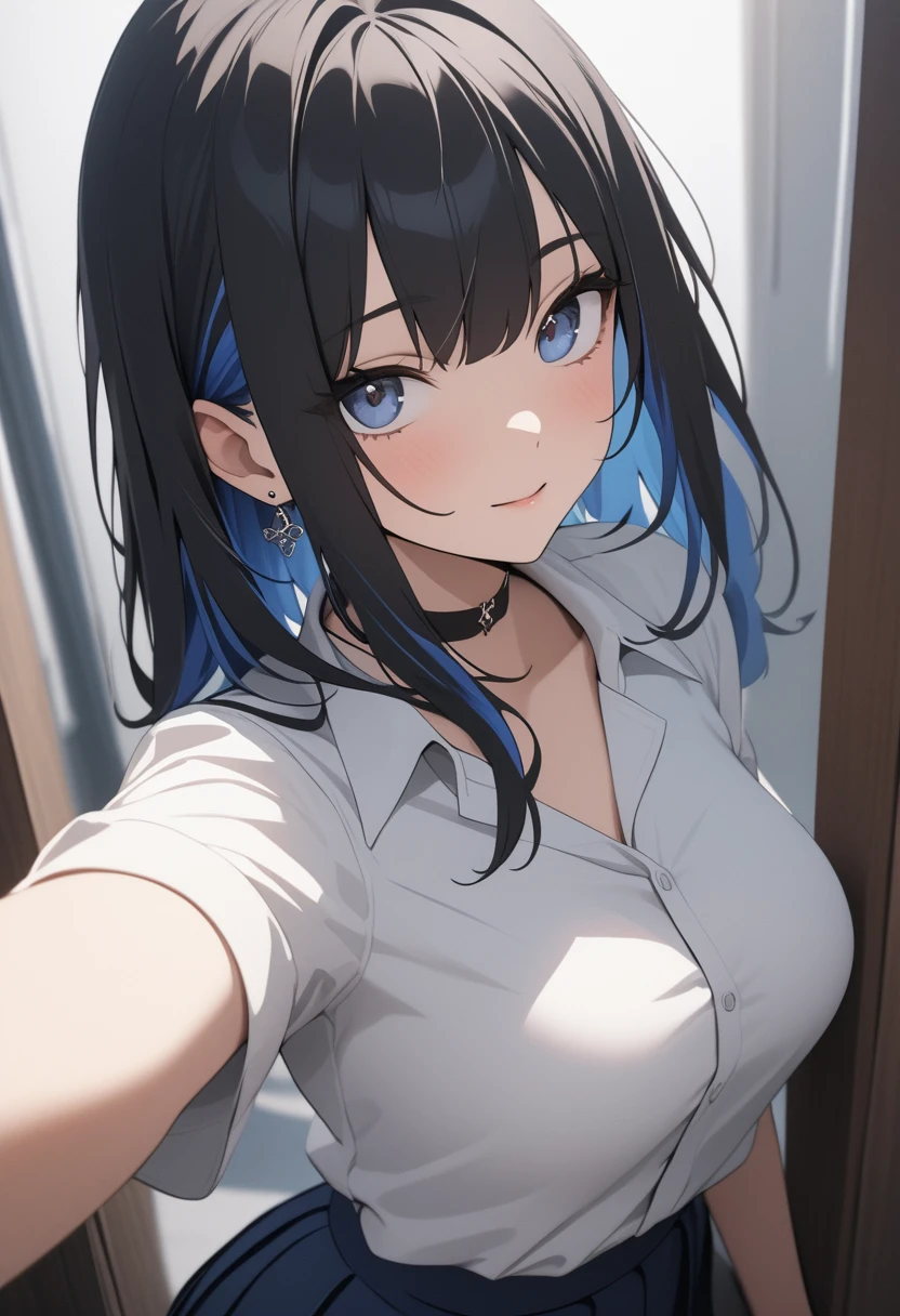 (high quality, 8k, 4K, High Contrast, masterpiece:1.2, 最high quality, Best aesthetics), 1 Female, (Real skin texture:1.3), (Film Grain:1.3), (Selfie angle, High angle), One girl, Beautiful and detailed eyes and face, 最high quality, close, cowboy shot blackshorthair ,  disposable mask black hair Blue inner hair Whiteshirt darkBlue skirt White shirt choker(Medium bust) Pierce