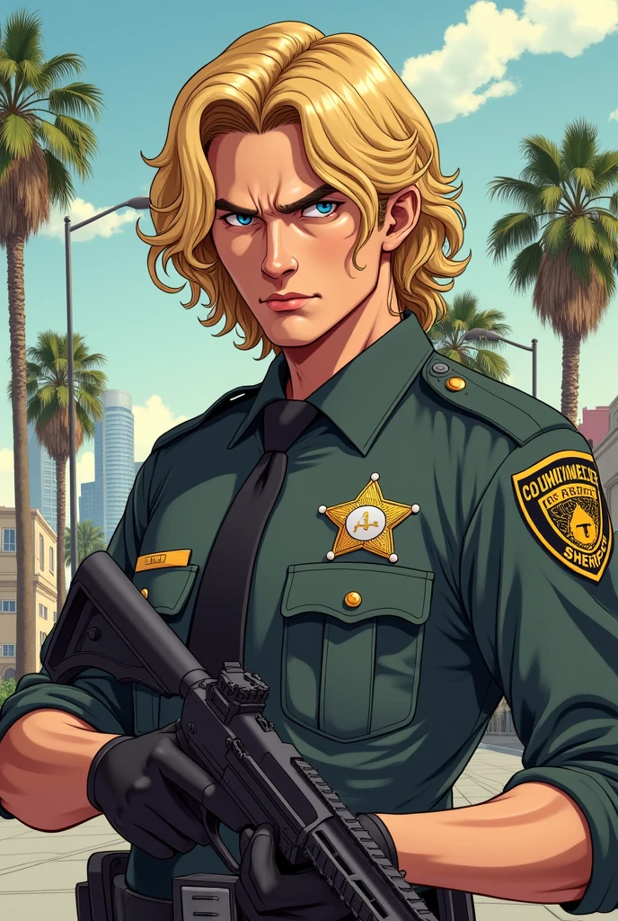 los angeles sheriff, "white" blonde curly hair, anime style drawing (man with serious face) uses a gun