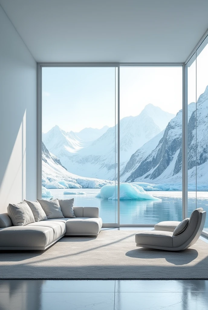 need a 9 by 9 photo where there is a white elegant living room where in the left side a plain white wall and from by the side glass windows there should be an wallpaper of ice mountain from the background which shows through the glass window which shows freshness and coolness