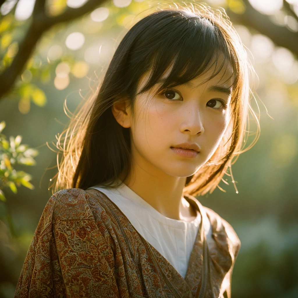 A hyper-realistic image of a single Japanese woman in her early 20s, captured with the nostalgic warmth and subtle graininess of a film camera. She is wearing a beautifully patterned yukata, with delicate floral designs that complement her natural beauty. Her skin has a warm beige tone with a natural, slightly rough texture that includes visible pores, fine lines, and subtle imperfections such as small blemishes, adding to the authenticity of her appearance. The soft, diffused natural light enhances the film-like quality, casting gentle shadows that create a timeless, organic feel. Her straight, glossy black hair is styled traditionally, framing her face in a natural, slightly tousled manner, and her deep brown eyes reflect the ambient light, adding depth and emotion. The film camera effect introduces a slight grain and a softer focus, giving the image a warm, nostalgic atmosphere while maintaining the realistic texture of her skin. The yukata adds a touch of cultural elegance to the scene, enhancing the overall composition, which is designed to evoke a sense of genuine, understated beauty. The use of natural light, combined with the deliberately rougher texture of her skin and the film-like qualities, ensures that this image captures the imperfections that make her beauty truly lifelike, focusing solely on this one individual.