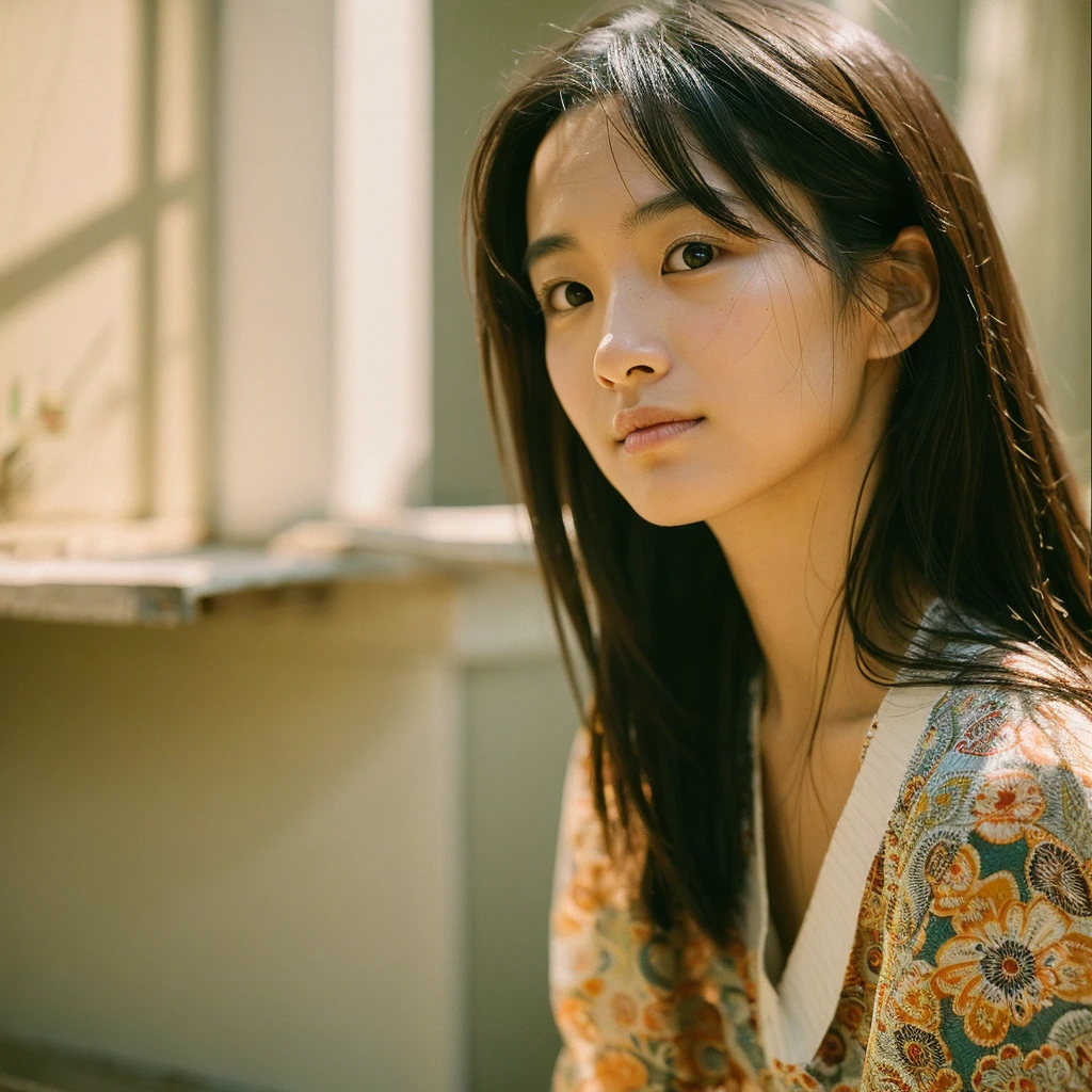 A hyper-realistic image of a single Japanese woman in her early 20s, captured with the nostalgic warmth and subtle graininess of a film camera. She is wearing a beautifully patterned yukata, with delicate floral designs that complement her natural beauty. Her skin has a warm beige tone with a natural, slightly rough texture that includes visible pores, fine lines, and subtle imperfections such as small blemishes, adding to the authenticity of her appearance. The soft, diffused natural light enhances the film-like quality, casting gentle shadows that create a timeless, organic feel. Her straight, glossy black hair is styled traditionally, framing her face in a natural, slightly tousled manner, and her deep brown eyes reflect the ambient light, adding depth and emotion. The film camera effect introduces a slight grain and a softer focus, giving the image a warm, nostalgic atmosphere while maintaining the realistic texture of her skin. The yukata adds a touch of cultural elegance to the scene, enhancing the overall composition, which is designed to evoke a sense of genuine, understated beauty. The use of natural light, combined with the deliberately rougher texture of her skin and the film-like qualities, ensures that this image captures the imperfections that make her beauty truly lifelike, focusing solely on this one individual.