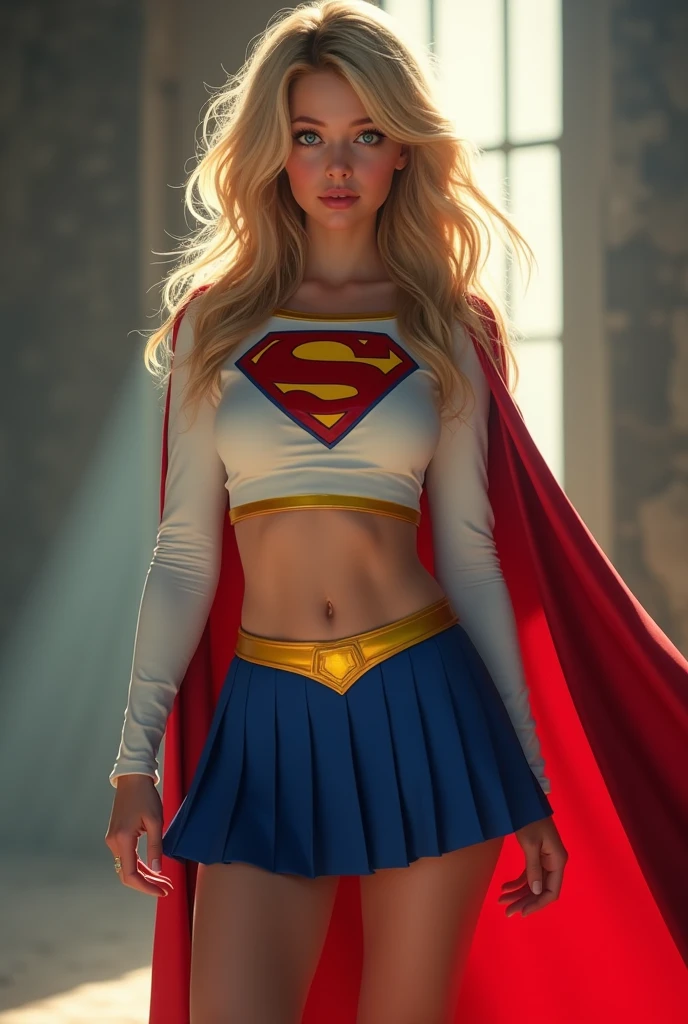 full view of A SEXY AGE FEMALE WITH DARK BLUE EYES AND MEDIUM MESSY GOLDEN BLONDE HAIR WEARING A CLASSIC WHITE SUPERGIRL LONG SLEEVED CROP TOP COSTUME, A SHORT BLUE PLEATED SKIRT WITH A YELLOW SUPERGIRL BELT, RED HIGH HEELED SUPERGIRL BOOTS, AND SHORT RED SUPERGIRL CAPE WITH YELLOW TRIM. large breasts, incredibly detailed skin and eyes, seductive poses, 8K resolution, masterpiece, ultra-detailed, realistic, photo-realistic, vivid colors, dramatic lighting,