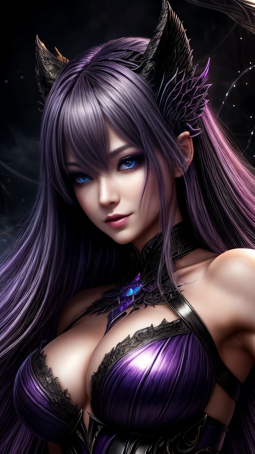 (Highest quality detail)、Realistic、8k Ultra HD、High resolution、(One Woman),(Fatal Beauty,attractive) ,(Mysterious charm:1.1),(Big Breasts、Attractive silhouette),Ultra-detailed、High quality textures、Intricate details、Highly detailed CG、High quality shadows、Beautiful and delicate face、Beautiful and delicate eyes、Written boundary depth、Ray Tracing、20th Generation、Cute K-Pop Girls、(The Face of Ulzan in Korea)、Thin face、(URZAN-6500-v1.1:0.6)、PurerosFace_v1、Glowing Eyes、Perfect body、 Viewer Display、(Highest quality detail:1.2)、8k Ultra HD、Close-up of a woman， Realistic rendering, attractive, Real Girls, Gurwitz, role play, Realistic 3D style,  8K Portrait Rendering,（truth，truth：1.4），(Sparkling eyes girl:1.2)、cheek、Glossy Lips、Best image quality,  8k Ultra HD Full Color RAW Photos, Fujifilm(Medium format), hasselblad, Carl Zeiss, Incredible dynamic range photography(utility_art：Smooth-768:1.1),High resolution, High pixel count, Clear details, Clear images, Natural color reproduction, Noise Reduction, High fidelity, quality, Software Improvements, Upscaling, Optimized Algorithms, Professional-level retouching, 強力なスーパーevil femaleがクローズアップでポーズをとる, Black Goddess 、(Expose your shoulders), Flowing purple hair, View your audience, Highly detailed face,  Blue smoke swirling around her, Love evil things, Captivating blue eyes, Dark fantasy,  Esoteric arachnids lady, Spider Queen,  Esoteric arachnids, Combat Stance,  Sharp fangs, nature, ((Complex metallic colors in the foreground)), (( Fluid Mechanics, The most beautiful smooth scale face makeup, Smirking expression)) 、Dark blood, Onyxia、Beautiful young witch, purple hair, dark purple lips, evil, evil female, smile, Black Prom Dress, She is coming to you, Bright Blue Eyes, Surrounded by swirling pink smoke, Blood Chain, Behemoth Bones, Snake-like tentacles, Cruel Teeth, Expressions of madness, Oppressive Dungeon、 Grotesque shadows dance, The creature whispers, Stifling atmosphere, Vision problems, Visible Madness. Blade, A flash of evil intent shines, reflect (Light) Beyond the Darkness, 