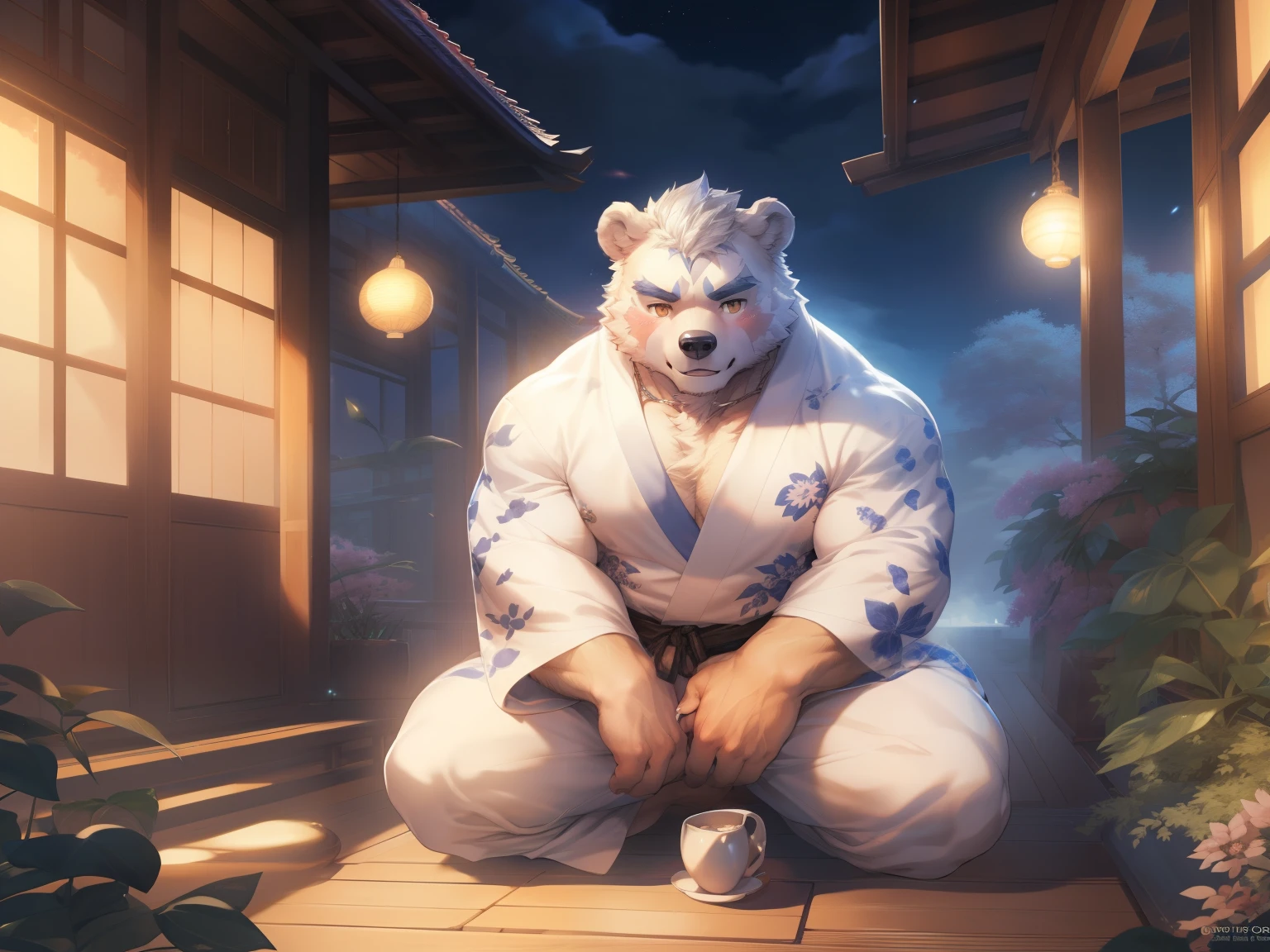 (By Empty Ghost, From thebigslick, By Dark Gem, Will chase), Keyuan Building (Onmyoji Daisenji Temple), High quality photos, Perfect anatomical structure, Anthropomorphic white bear, male, 20 years old, (bear print), Thick eyebrows, short hair, Strong body, Pectoralis major, White Kimono, Cherry blossom pattern embellishment, Small bump, Pink milk clusters, Kneeling on the wooden floor of the courtyard, Drink tea, Sad expression, Tears, blush, Golden pupils, Look up at the audience, Clear facial features, Strong, solitary, top view, Full body portrait, night, Foggy atmosphere, In the classical garden, White pebbles can be seen everywhere, wild plants, (By Empty Ghost, From bear20, masterpiece, high quality, high resolution, 8k)