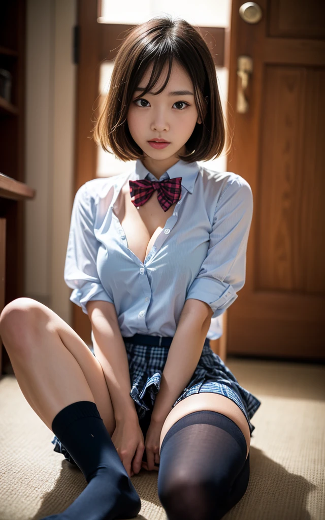 （8K、Raw photography、top-quality、​masterpiece：1.2),(Spread your legs wide,Open your legs wide),(Long bob cut),watching at viewers,Looking at the front,Bullish,Erotic,Pupils,Light Blue Bra,de pele branca,kne,(Black pantyhose),absurderes,a small face,Parting the bangs from the middle、Forehead visible,(be shy,A smile),​masterpiece,top-quality、超A high resolution,Raw panties,ren,Beautiful fece,One Person, 独奏,fullllbody、cute little、Back to Student,JK school uniform,hi-school girl,A Japanese Lady, Standing,（Photorealsitic：1.37）、Photon mapping,Realistic、Cute little face,Brown-eyed、Black socks、(Red bow tie)、Radio City、Physically Based Rendering、Foreground、depth of field rally background、a picture,girl with,beauty legs, Long legs, Thin leg,Tie your hair into one strand on your chest,(Bangs are visible), hair, s lips, Blue_The eye, nosesoft,(Light blue shirt), (Navy and blue and white plaid pleated skirt), Knees are visible,Sheer clothing,, Thigh, Black cotton socks,Nogizaka Idol, , Japanese ido、large full breasts、cleavage of the breast、Unbutton your shirt to reveal your chest、(Clearly visible detailed female pubic shape: 1.4), Masturbation Girl，fully body photo、skirt lift by yourself、super definition、lowfers、、、No bra、No pubic hair、Wet pubic area、school classrooms、Sit at your desk and spread your legs. Sagging knee-high stockings. Sagging knee-high socks.、park bench、natta、Groin muscles、mekosji)、((Opening legs))、((Protruding ))、erotick