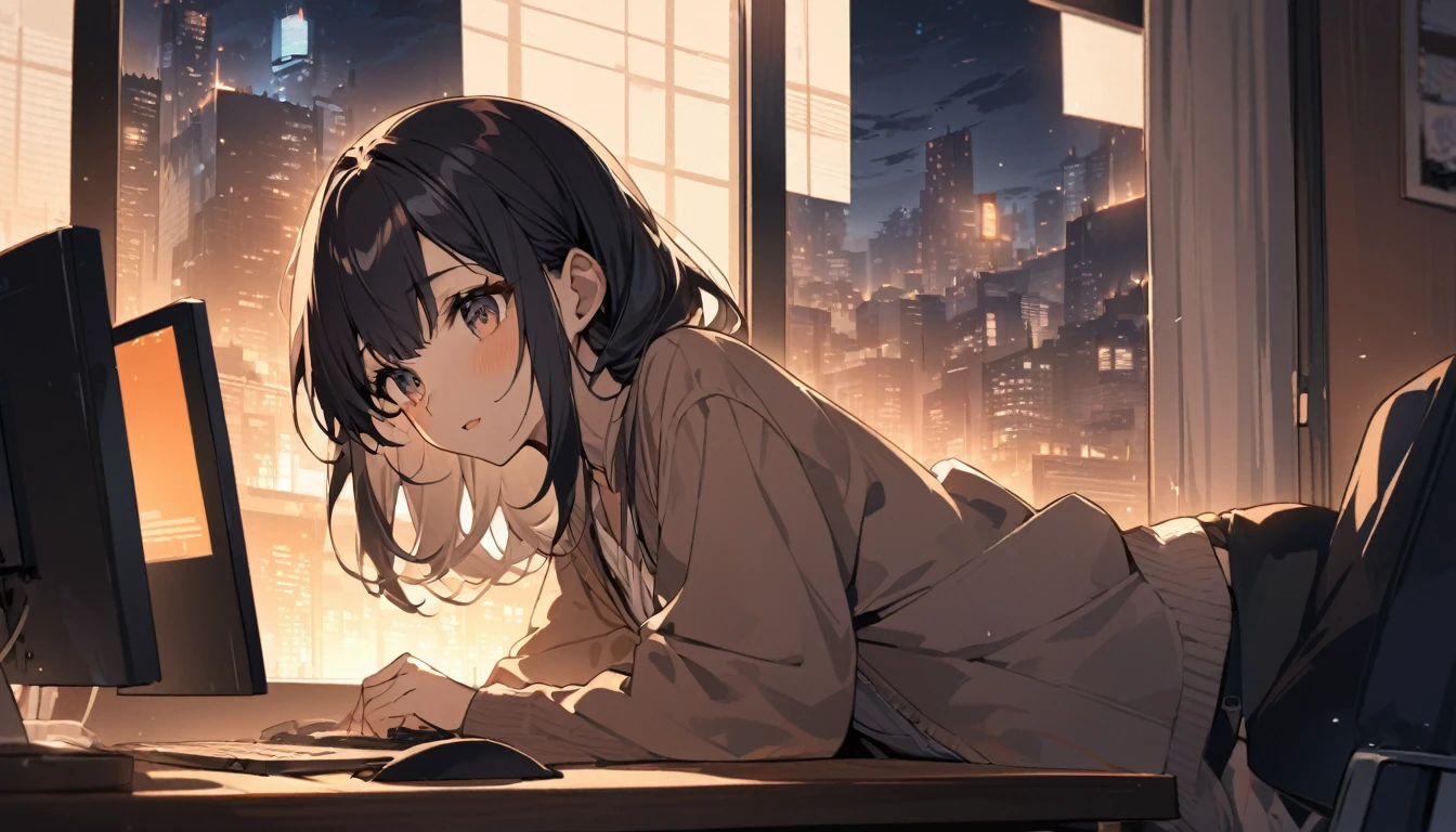 Beautiful Japanese woman in her 20s, working on a computer at a window seat, night city outside the window, horizontal screen size,