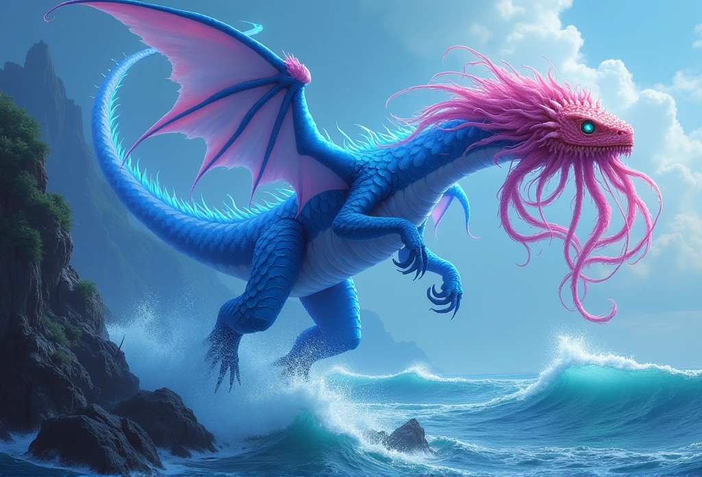(Fantasy) An electric dragon (blue color schemed scales, glowing eyes) is flying up in the air with a giant pink squid in its claws, water disturbed under the fish, serene ocean cliffs in sight