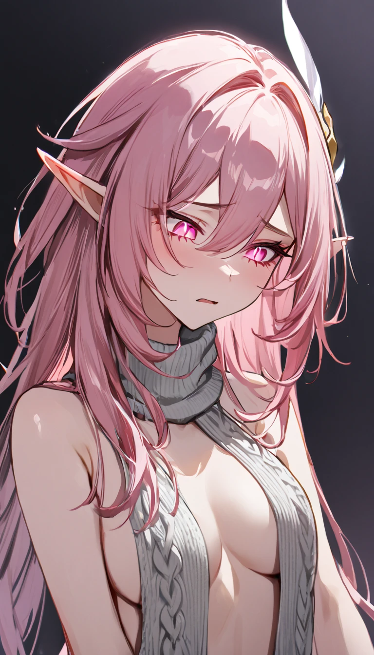 masterpiece, best quality, elysia \(herrscher of human:ego\) \(Honkai impact\), pointed ears, elf, pink hair, pink eyes, slit pupils, long hair, looking down, 1girl, solo, close mouth, portrait of a face of a girl, (dark background:1.4), virgin killer sweater, disgusted face, expressive face, winter smoke, glowing eyes