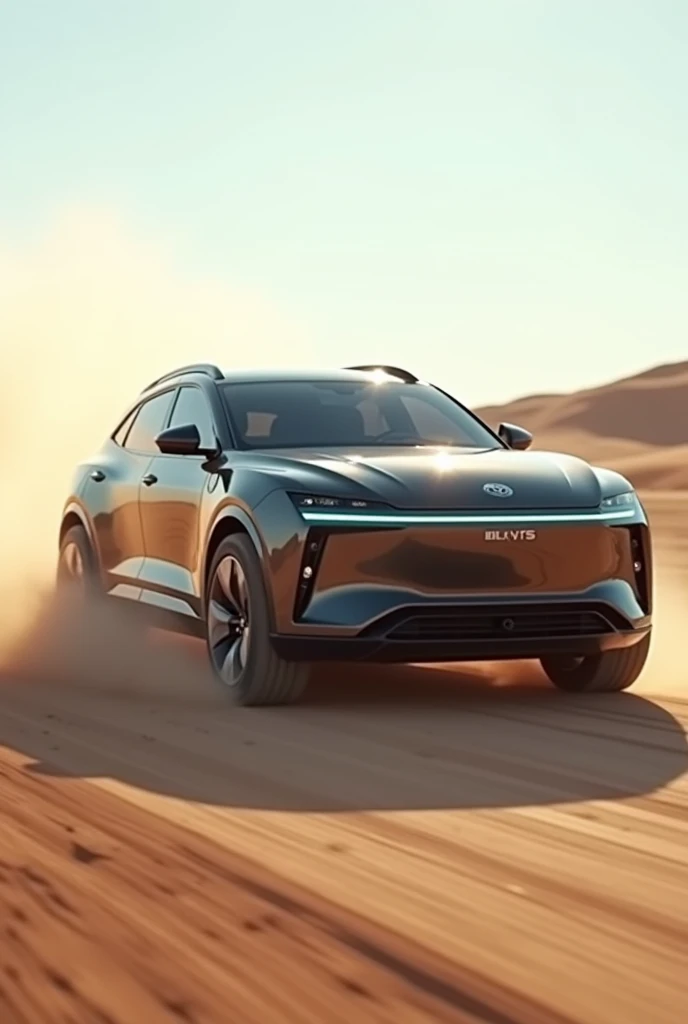 Generate an image of a futuristic vehicle gadget named DFVTS (Dust Freeing Vehicle Tread System). This device is attached near the tires of a modern SUV driving on a dusty, unpaved road. The DFVTS gadget is sleek and compact, with nozzles that spray a fine mist of water onto the tires, preventing dust from being kicked up. The road ahead shows a clear difference, with a clean, dust-free path directly behind the tires where the gadget has activated. The scene is set under a bright, clear sky, with the vehicle driving smoothly, leaving no dust trail in its wake. The gadget itself has a high-tech design, with subtle lights indicating its active status. The SUV is mid-sized, with visible clean, wet tires contrasting the dry, dusty surroundings."