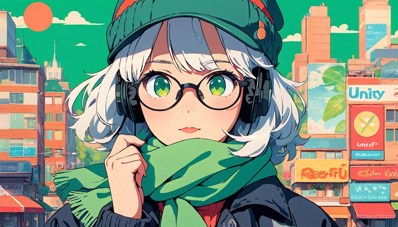 (extremely detailed CG unity 8k wallpaper), (best quality), (best illustration), (best shadow), realistic lighting, beautiful detailed reglow, masterpiece, best quality, lofi artstyle, lofi art, city, town, 80s anime style, Retro, Lo-Fi, 1girl, 1girl, bangs, beanie, black headwear, blush, covered mouth, glasses, green background, green eyes, green scarf, green theme, hat, jacket, looking at viewer, round eyewear, scarf, simple background, solo, white hair, medium shot, full body shot, Using Headphone, headphone