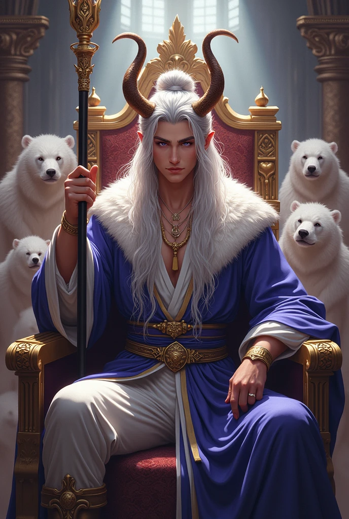 Handsome young man between 18 and 2 ,long silver hair tied in a bun with amethyst eyes wearing a beautiful outfit made with white bear skins, tigers, a crown of horns above his head, surrounded by beutys concubines. Sitting on a throne with a lance over his shoulder