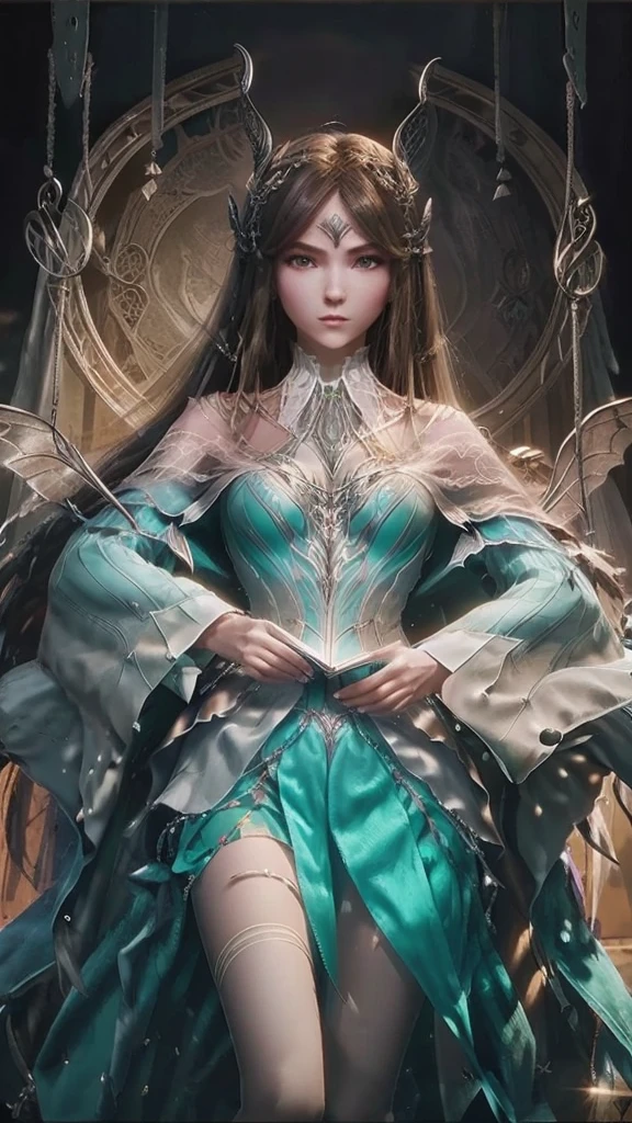 best quality,masterpiece,Ultra-high resolution,photoactual:4:0,Demon Palace Academy Park,Albedo,long hair shawl,Devil's Horn,Big breasts,shirt clothes,mini skirt,holding book