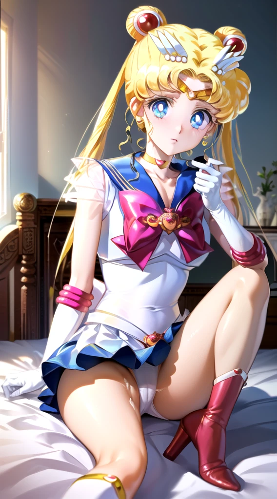 ((((Angle view from under the skirt, ))),masterpiece, Highest quality, (1 person), (Sailor Moon R),(Super Sailor Moon Uniform), (Blonde).(Detailed face), Small breasts,Face Focus, White wall, (bed), Bright room, Very embarrassed look, White gloves, Detailed eyes, Detailed face, (Love hotel room), Highest quality, High resolution, (Fine and beautiful eyes: 1.3), highly Detailed face, Detailed CG, (Perfect hands, Perfect Anatomy),(Short skirt), (Inverted skirt 1.3), (Detailed Panties 1.3), bed, (White cotton panties: 1.3), (Frilled Panties: 1.3),(Panties soaked with love juice), (Squat: 1.3), (Spread your legs: 1.3),(Long ponytail)