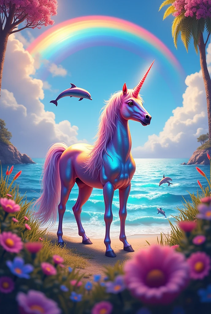 Multicolored unicorn with a crazy background with a sea in the background, dolphins jumping, grass and rainbow in the background