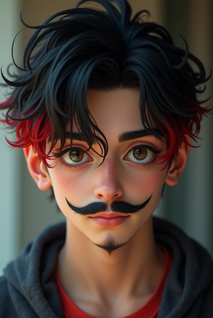 White ager with medium length black hair with red tips and a mustache, square jaw and split chin