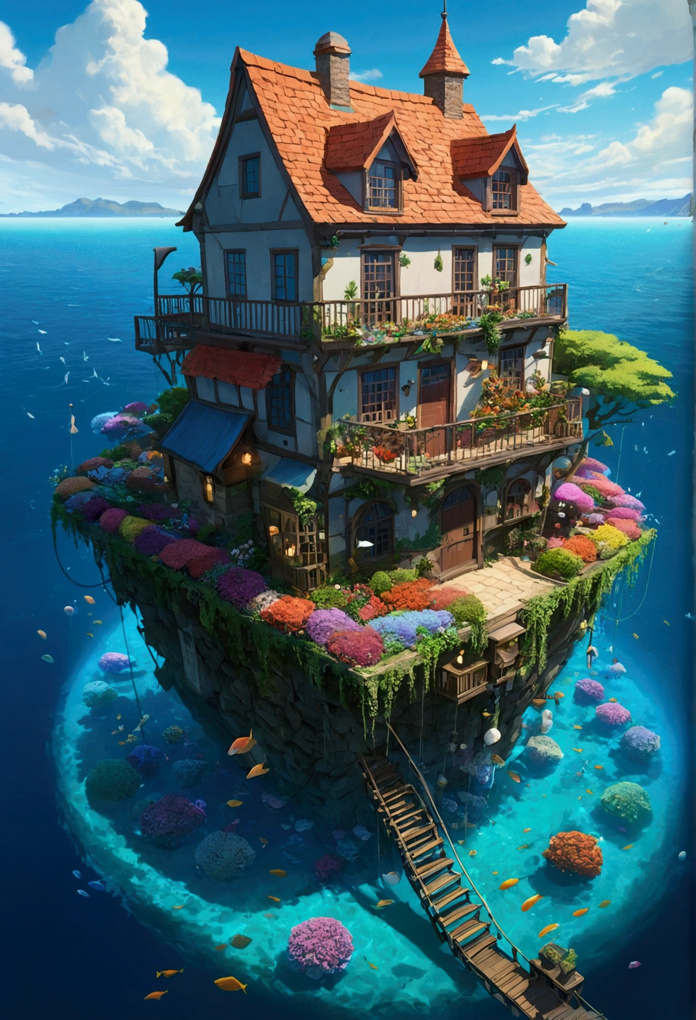 Color (Fantasy: 1.2), (Hayao Miyazaki style), (irregular building floating in the sea), patchwork cottages, flower decorations, lights, concept art inspired by Andreas Rocha, Artstation contest winner, Fantasy art, (underwater city), ross tran, light shafts, realistic lighting, masterpiece, high quality, beautiful graphics, high detail, masterpiece, high quality, beautiful graphics, high detail, --v6