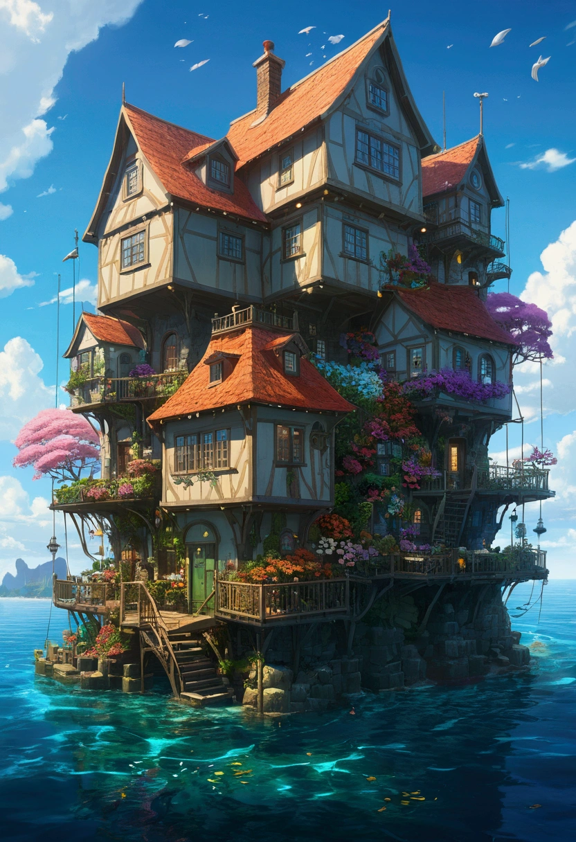 Color (Fantasy: 1.2), (Hayao Miyazaki style), (irregular building floating in the sea), patchwork cottages, flower decorations, lights, concept art inspired by Andreas Rocha, Artstation contest winner, Fantasy art, (underwater city), ross tran, light shafts, realistic lighting, masterpiece, high quality, beautiful graphics, high detail, masterpiece, high quality, beautiful graphics, high detail, --v6