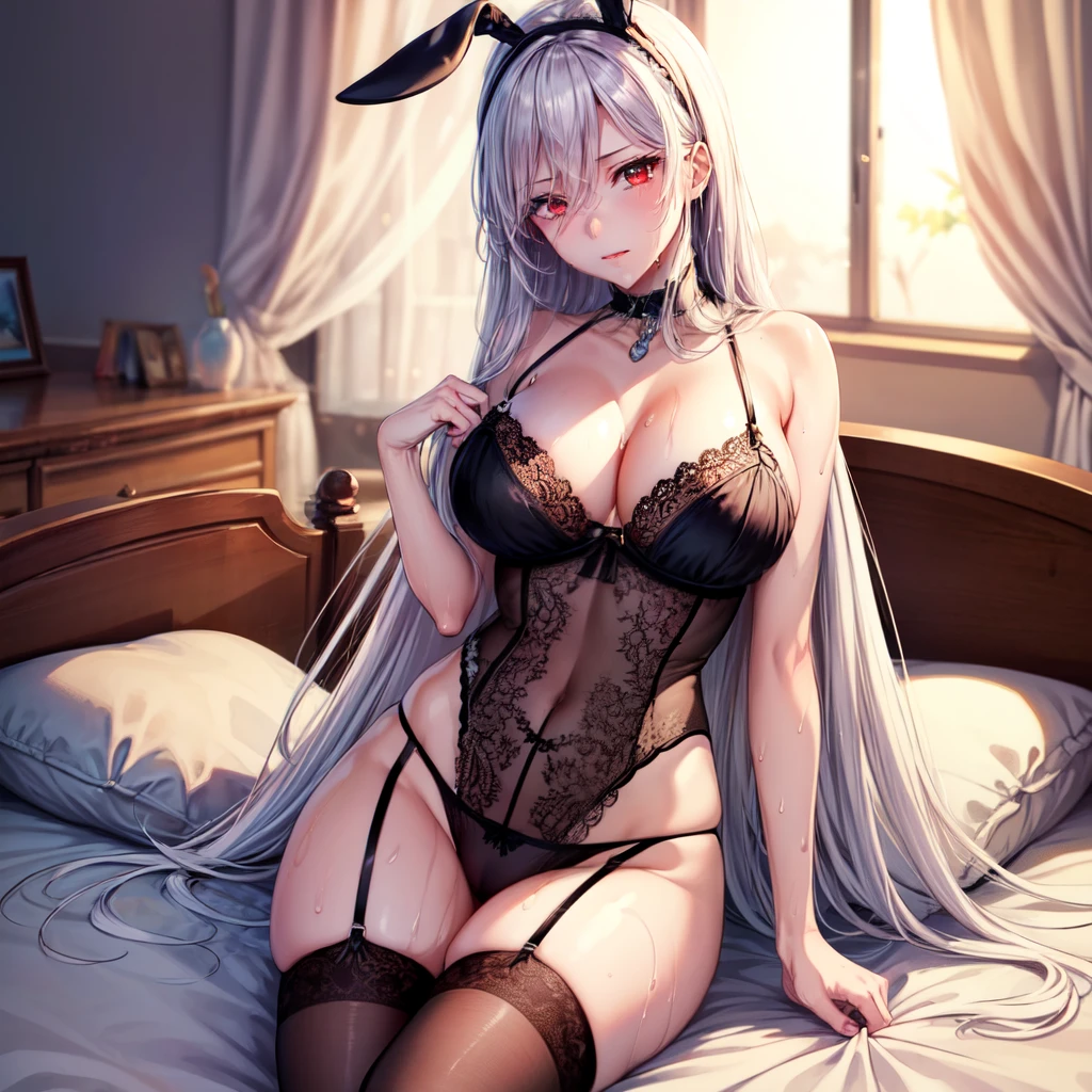 (masterpiece, best quality, beautiful and aesthetic:1.3), Elegant mature woman, 1woman, long silver hair, red eyes with slit pupils, black lingerie, black panties, bunny girl, garterbelt with black stocking, laying top of bed, bedroom, wet, drenched,