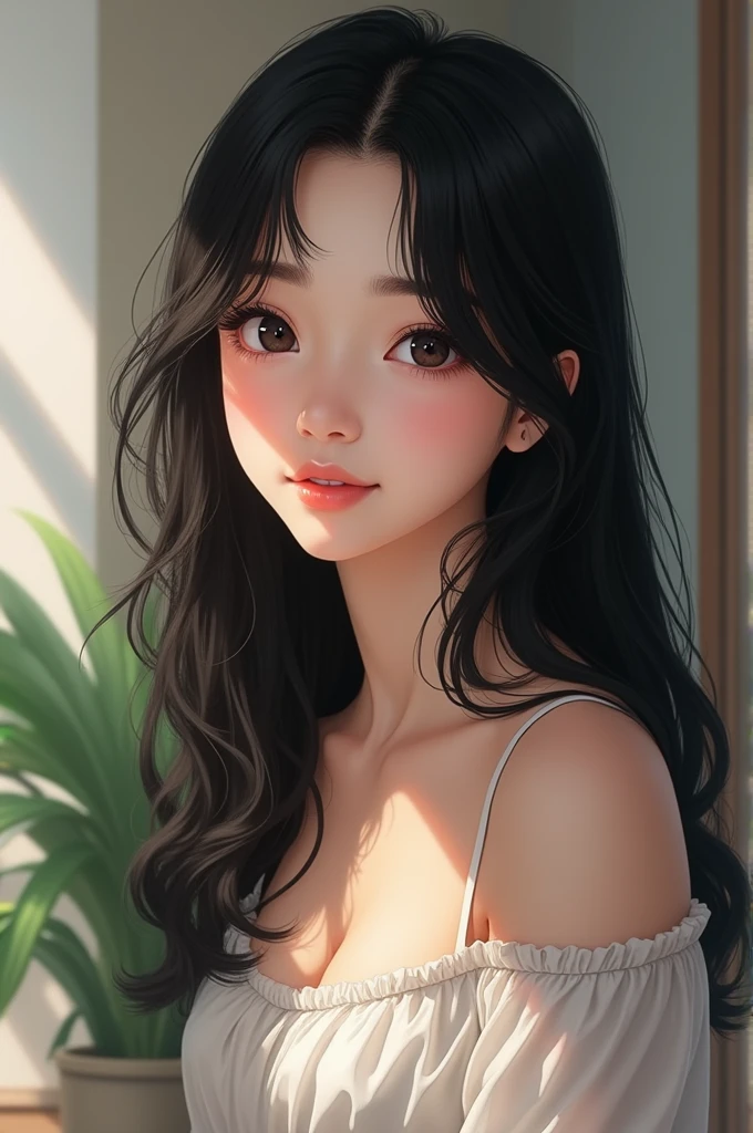 He has long, soft black hair and clear, deep black eyes.. She prefers a comfortable and sophisticated style with a natural smile., It gives an elegant feel even in everyday wear.. A 19-year-old high school student, 165cm tall