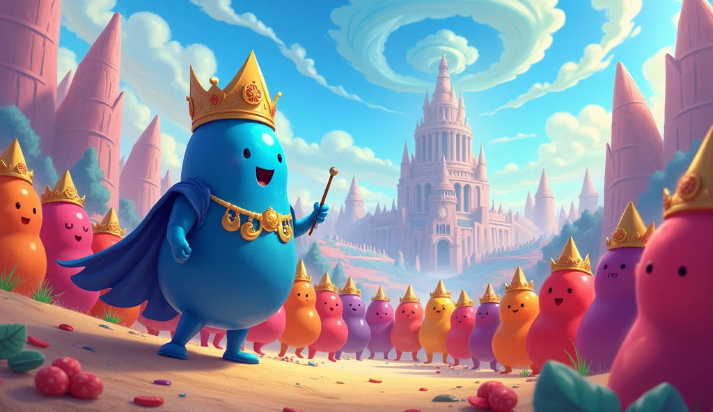 The Jelly Bean General, a wise and courageous jelly bean named Berry Blue, gathered his troops. "We must defend our land from the Fruit Kingdom. But remember, we must fight fair and be kind. Our goal is to show them the joy of sharing!