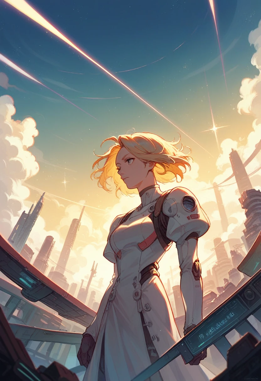 Woman looking at the sky, blonde hair, Surrealism, Futurism, backlighting, sparkle, Ultra-Wide Angle, UHD