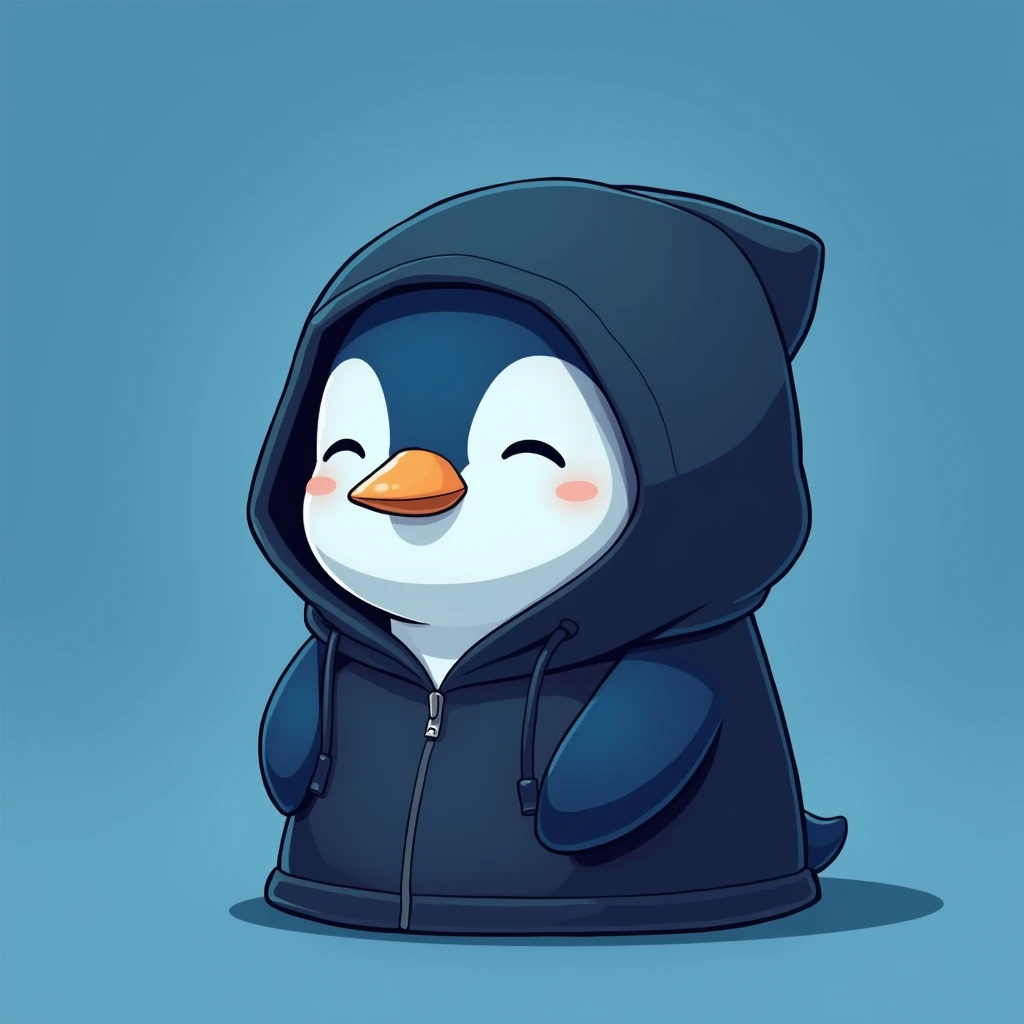 Resistance penguin coin , black hoodie , blue penguin , blue background , cute , eyes closed , mysterious , head bowed , only head