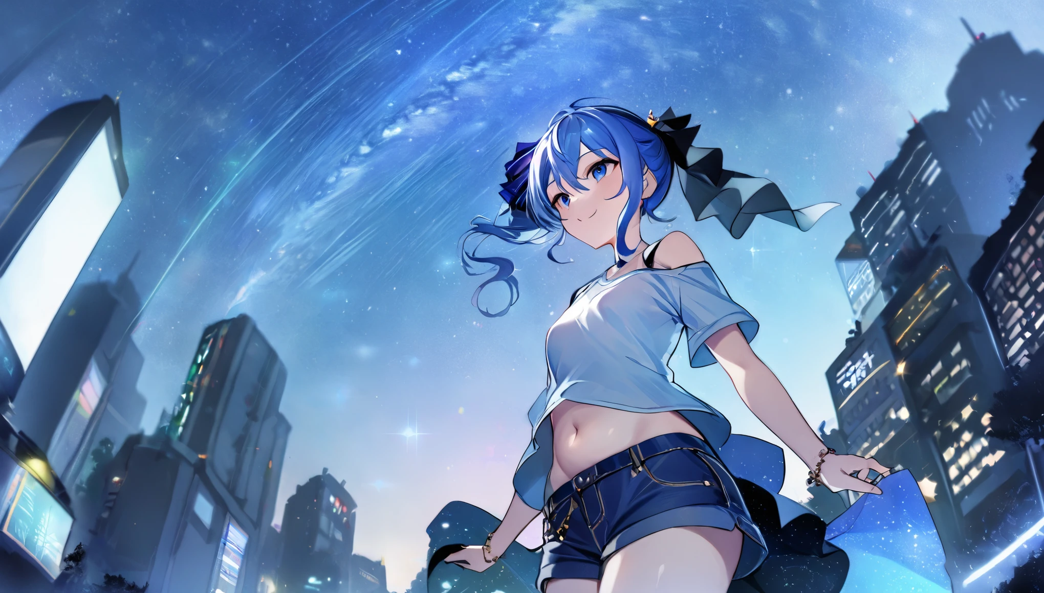(8k、Best image quality、highest quality、masterpiece)、Detailed face、 1girl、Blue Hair、Long Hair、sideponytail、dark_blue_eyes、smile,(navel:0.6),Moderate_torso、small_breasts,((White T-shirt))、Off the shoulder、Black shoulder straps、(open_front_denim_short_shorts:1.2)、Shoot from below、City Background, starry_sky_landscape ,hoshimachi suisei, slender,(covered_nipples:0.3), (belly button:1.2),nihil,solo,stargaze,girl_looking_up_sky,(abs:0.6),(cherryblossom_background:0.5),thighs