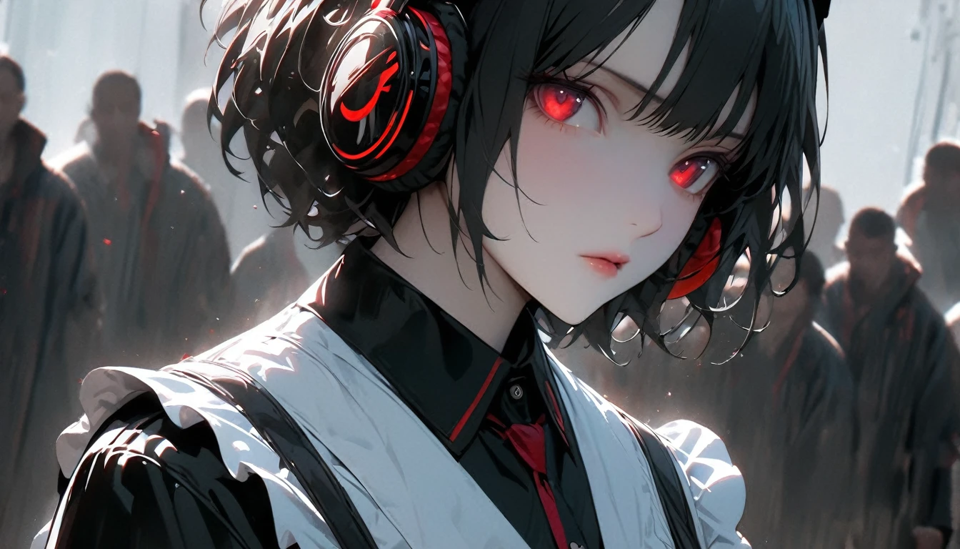(alone), Black Hair, Shortcuts, Shiny hair, Short Hair,, Expressive hair, mature,(Age 25), Pale skin, Red eyes, ((woman)), maid,maid headdress,View your viewers,apron, beautiful, Charm, Eye Reflexes, Depth of written boundary,, Ray Tracing, Depth of written boundary, Cinema Lighting, Ray Tracing, 超High resolution, Attention to detail, 最high quality, High resolution, high quality, Awards, Super Detail, masterpiece, 8k, 超High resolution, Attention to detail, 最high quality, High resolution, high quality, Awards, Super Detail, masterpiece, 8k, Digital Art, Anime Coloring, whole body, Body Shot, Nice face, Perfect Face, Detailed face,, ((Headphones))