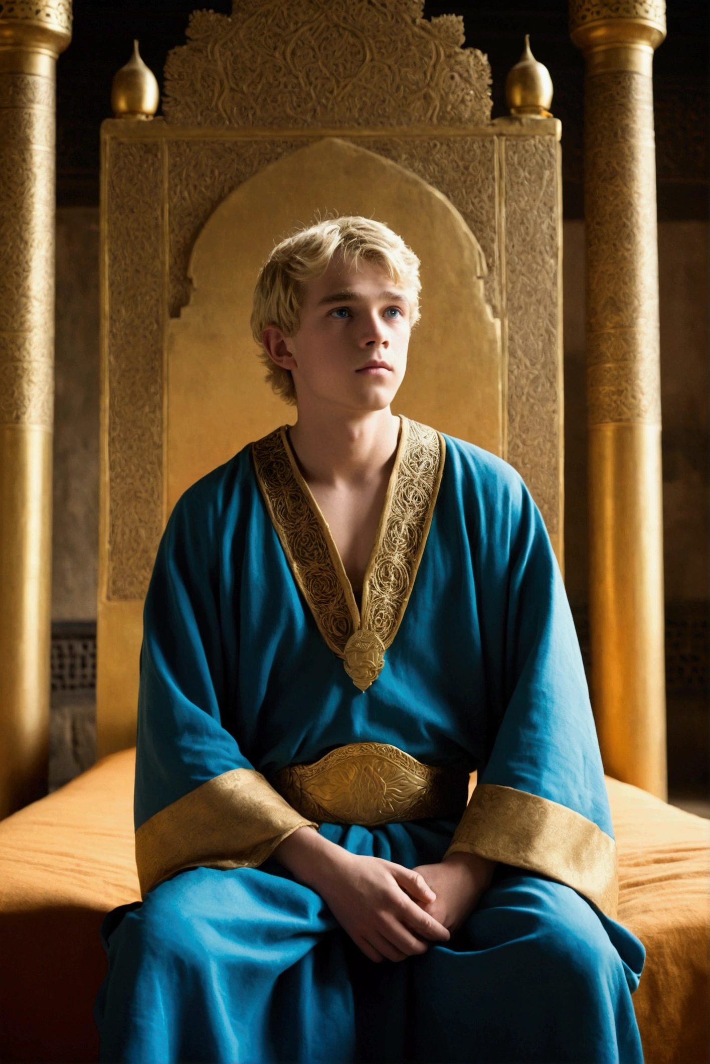 Generate a beautiful 16 year old boy with blonde hair and simple ancient tunics, standing in front of a massive 4 post bed with the king sitting on it. The king is a pale, black haired and blue eyes man who looks around 25 and has no facial hair, and he wears a kingly garb which is black and gold with golden tree designs on it. The king is looking up at the 16 year old boy with curious eyes. Ancient settings, massive chambers.Captured as a cinematic film still, shot on a V-Raptor XL, the scene is enhanced with film grain, vignette, color grading, and post-processing. The cinematic lighting and 35mm film quality create an atmospheric, epic, and stunning masterpiece, full of dramatic flair.