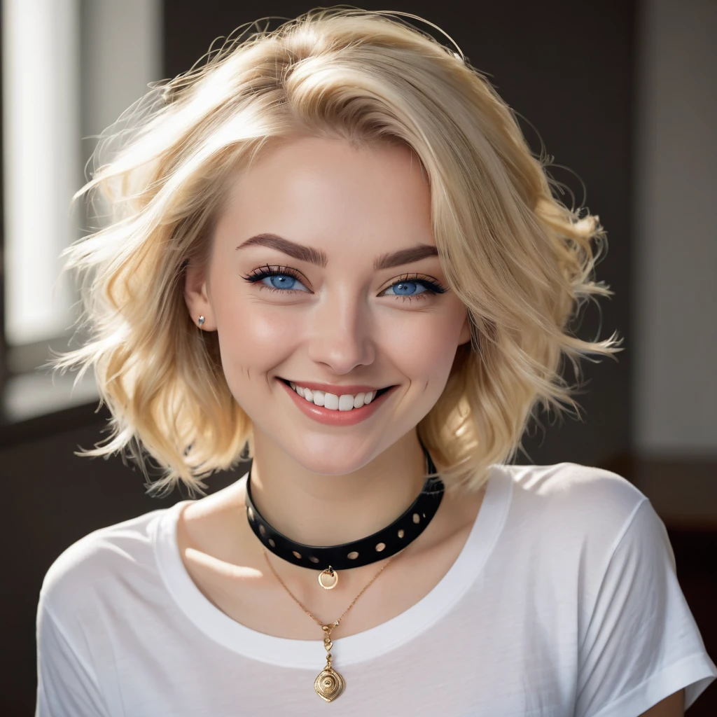 1woman, leaning forward, winking, , smiling, looking at viewer, centered, choker , blondde hair, , dark blue eyes, piercing eyes downblouse, loose t-shirt, medium breasts, masterpiece, intricate, realistic, cute face, sharp focus, award winning photograph, white shirt,