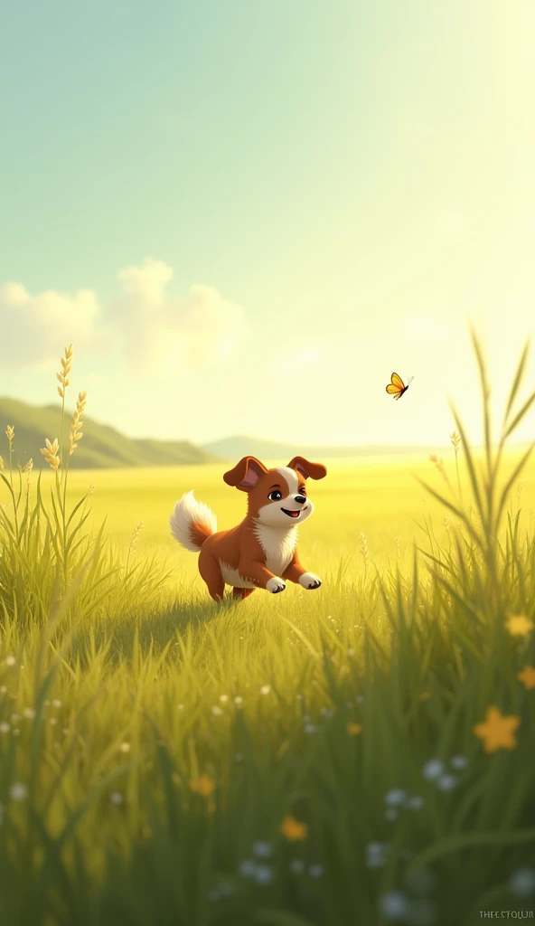 A wide-open field bathed in soft sunlight, with tall grasses swaying gently in the breeze. A small dog, Benny, is chasing a butterfly near the edge of the field, full of energy and excitement.