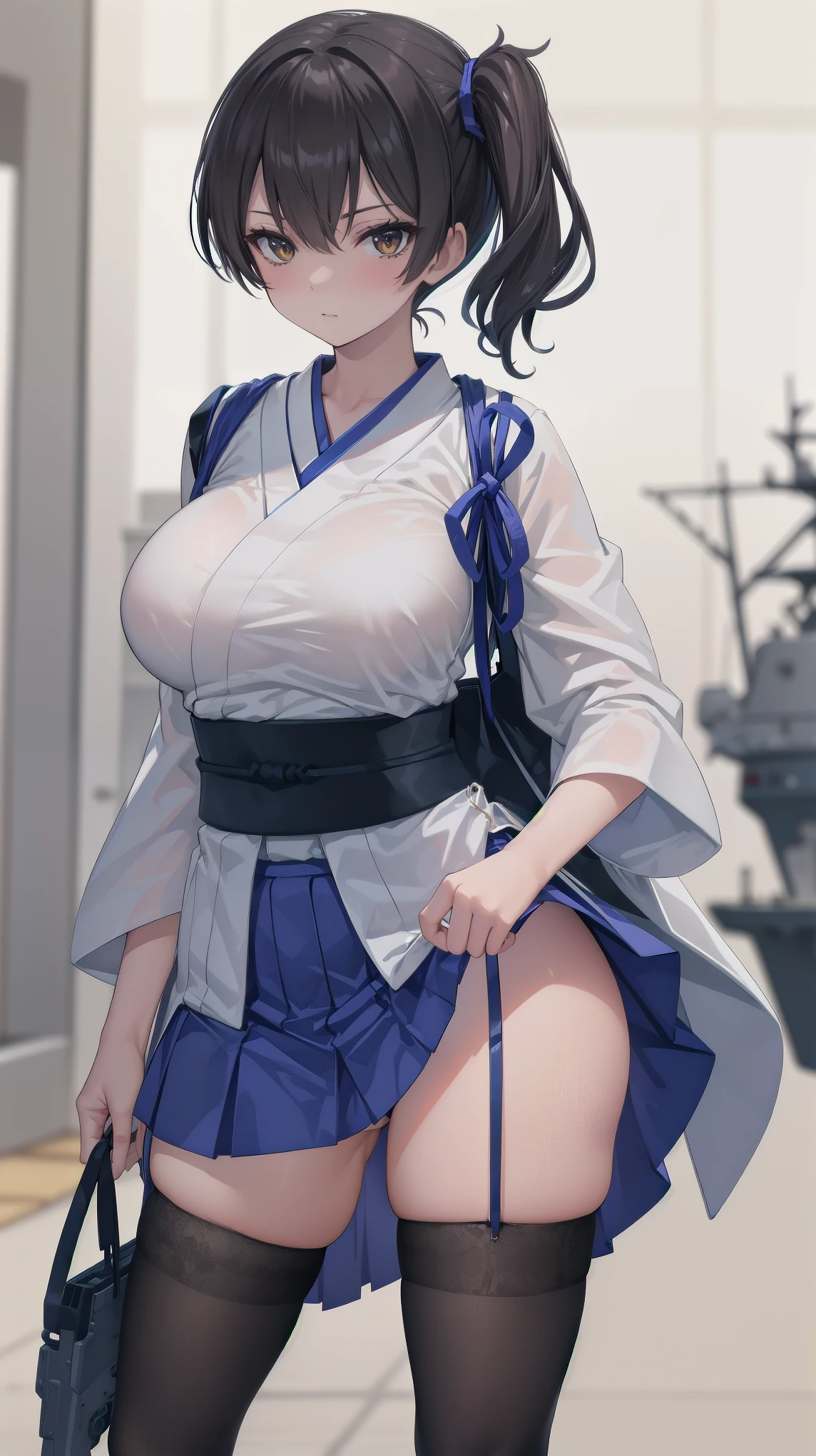 Kaga(Fleet Collection),highest quality, masterpiece, High resolution,kimono,blue skirt,side ponytail,big_breasts,large_thighs,thigh-highs,plump,hold_Japanese_bow,(angry:0.7),
