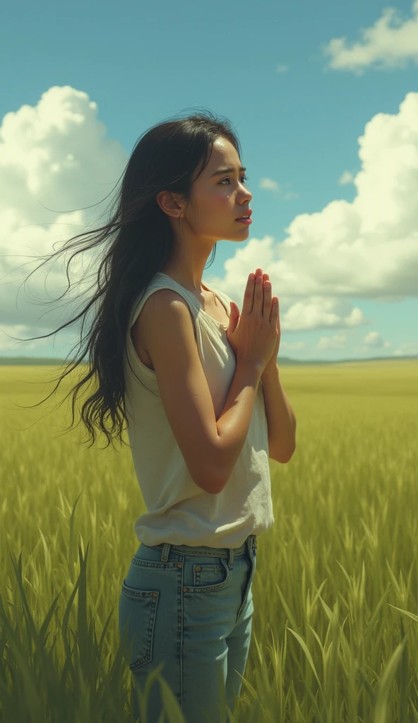 A , Maya, stands alone in the field, her face filled with worry and fear. She’s calling out, with her hands cupped around her mouth, looking around desperately for her lost dog.