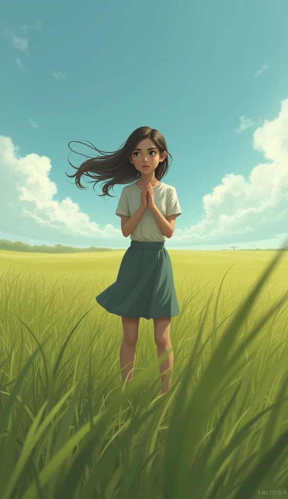 A , Maya, stands alone in the field, her face filled with worry and fear. She’s calling out, with her hands cupped around her mouth, looking around desperately for her lost dog.