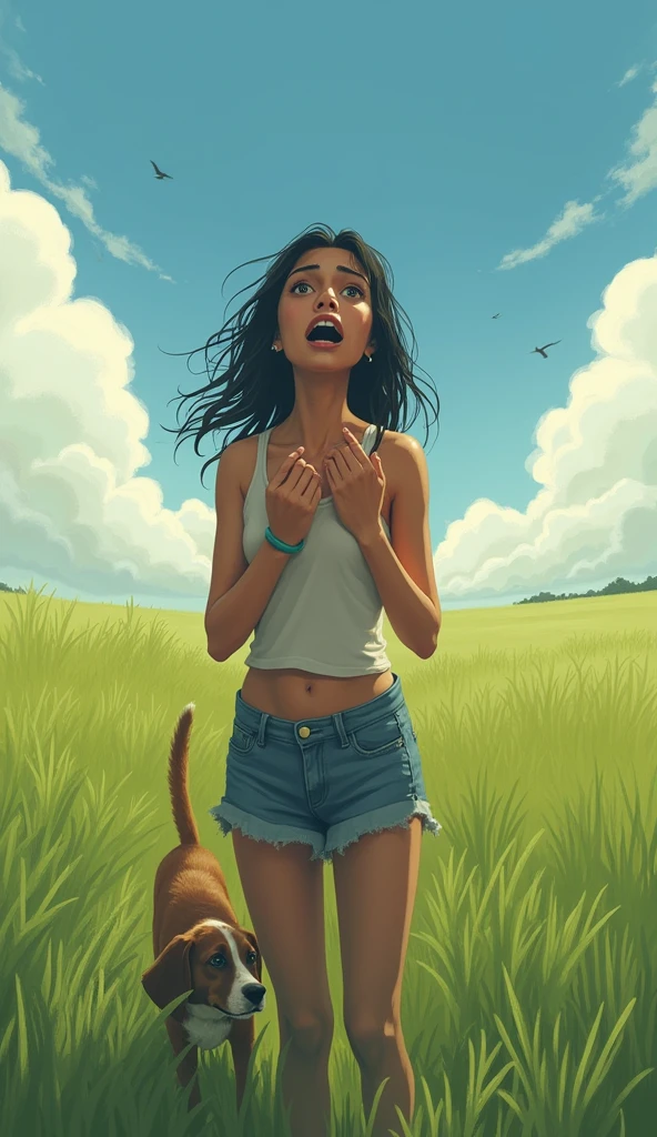 A , Maya, stands alone in the field, her face filled with worry and fear. She’s calling out, with her hands cupped around her mouth, looking around desperately for her lost dog.