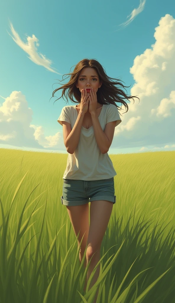 A , Maya, stands alone in the field, her face filled with worry and fear. She’s calling out, with her hands cupped around her mouth, looking around desperately for her lost dog.