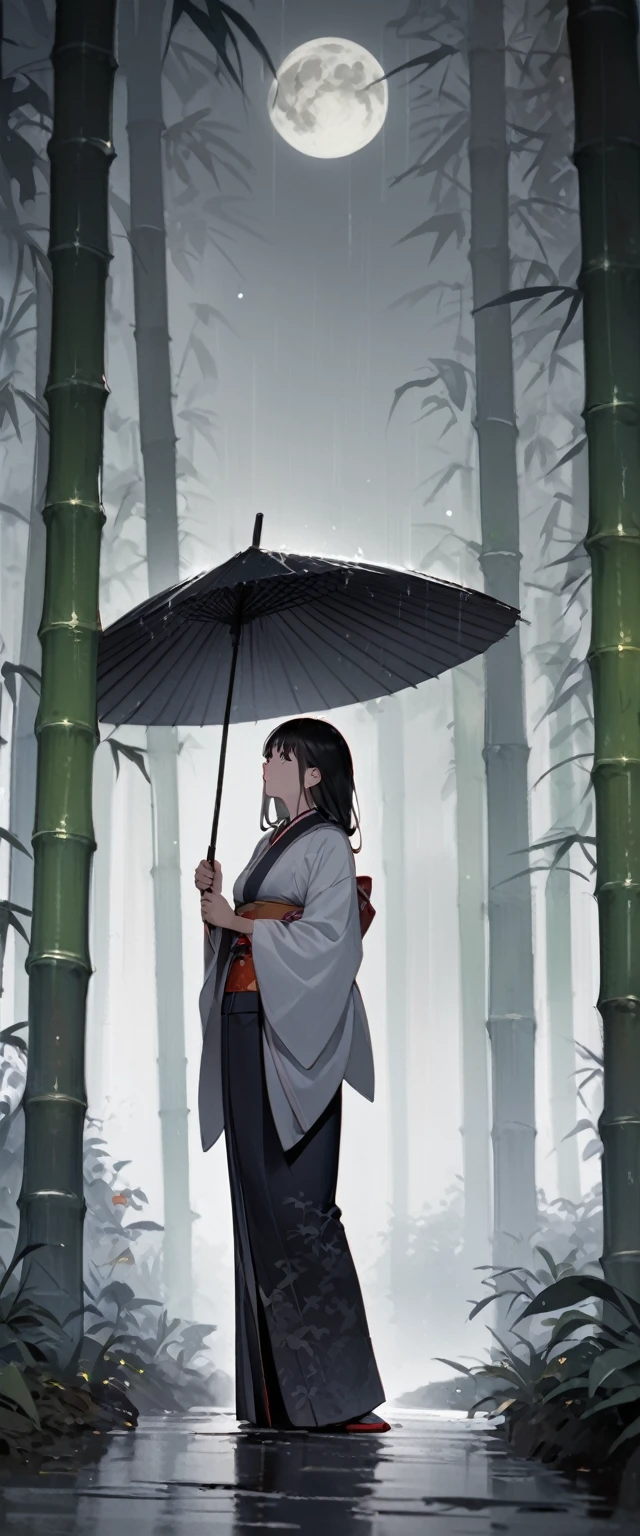 dynamic ink painting of a bamboo grove of japan, great art, great sense of depth, ground level shot, the most beautiful bamboo grove in the world, bamboo leaves shining through rainwater, moon\(pale blue\) with a light overcast,solo, beautiful 1girl\(ancient Japanese noble, beautiful kimono, beautiful long black hair\) looking up at the moon holding an black umbrella,raining softly, fireflies flying around, bamboo leaves are placed three-dimensionally in the foreground, long shot,colorless,full body